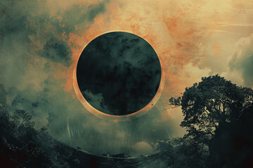 Sun eclipse metaphoric card. Illustration with black sun or sun covered buy moon with tree in mystical style. AI Generated  - obrazy, fototapety, plakaty