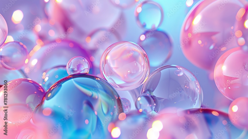 Poster abstract 3d art background with holographic floating liquid blobs, soap bubbles, metaballs.