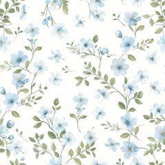 Seamless Floral Pattern with Soft Blue Blossoms and Greenery.