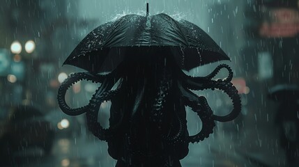 Digital art concept of a mystery woman holding an umbrella with black tentacles inside on a rainy night, illustration in a digital art style - obrazy, fototapety, plakaty