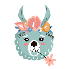 Obraz premium Lama head with flower crown. Cute Vector illustration for children design, poster, birthday greeting cards