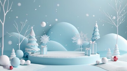 Fototapeta na wymiar The background is an abstract winter landscape scene with a product stand. It is modeled in 3D.
