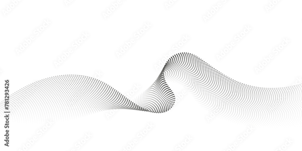 Poster Abstract flowing dots particles wave pattern. Halftone texture on isolated white background. Vector banner in trendy monochrome gradient  colors with copy space.