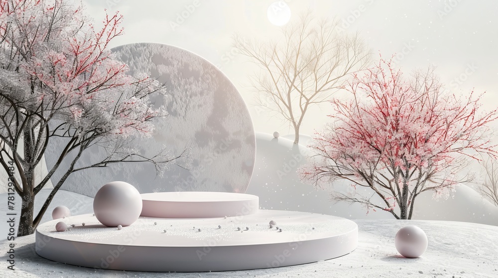 Poster this is an abstract winter landscape scene with a product stand. it is a 3d rendering.