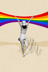 Vertical photo collage of girl anonym stand back dance colorful rainbow lgbt rights lesbian pride unity isolated on painted background