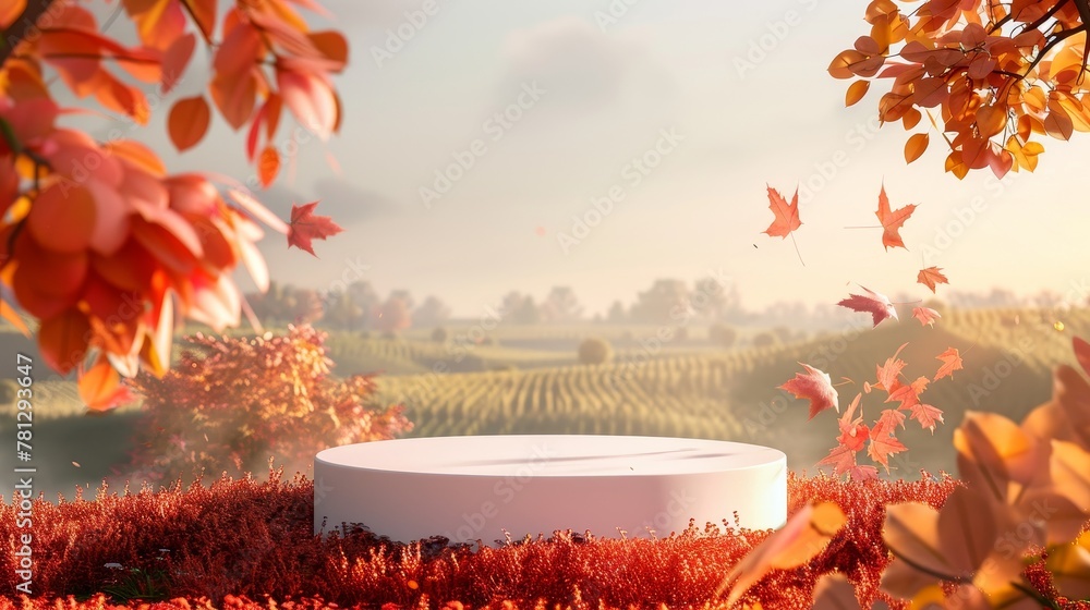 Aufkleber 3d rendering of a landscape scene with a podium for displaying products during autumn.