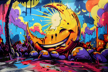smiling moon graffiti on the wall
