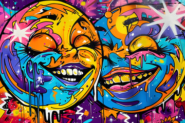 smiling sun and moon  graffiti on the wall