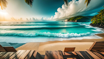 Beautiful sandy beach with blur sky and tree summer - obrazy, fototapety, plakaty