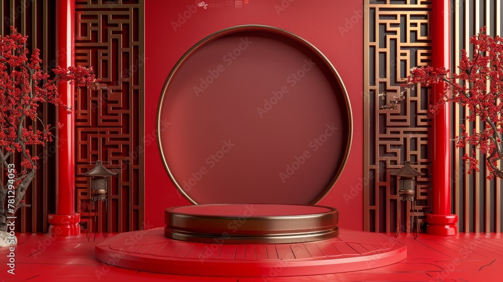 Poster 3d rendering of chinese background with podium for product display. top view. flat lay.