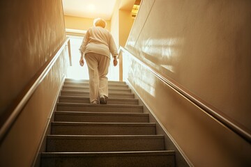 A man descends a flight of stairs with a focused and deliberate pace.
