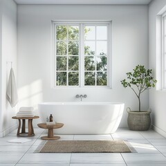 Sunlit, modern bathroom with a freestanding tub and a view of greenery.