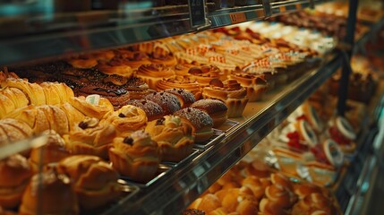 Bakery shop with various freshly baked breads on clean shelves in hypermarket - obrazy, fototapety, plakaty