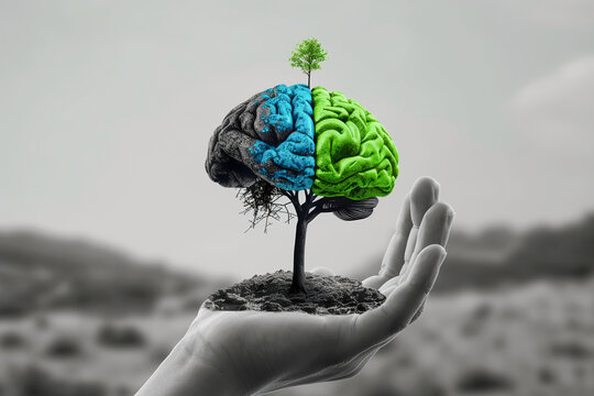 Hand holding a human brain growing from soil with fresh green sprout, brain begins to take colors. New beginnings, self care, recovering from trauma concept