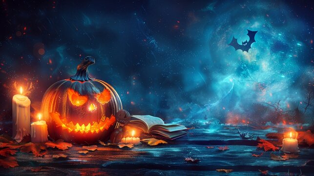 Luminous pumpkin and candles; cartoon illustration for Halloween