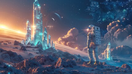 Illustration painting of an astronaut on a turquoise planet with glowing blue minerals