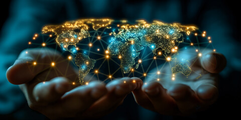 Global communication network concept, hand holding earth map
