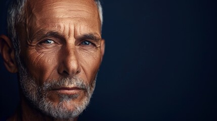 Pensive Mature Man with Grey Beard and Intense Gaze on Dark Background.