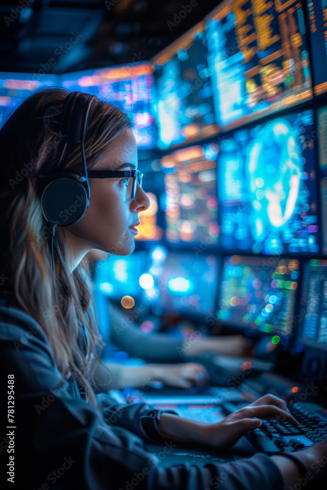 Poster high-tech control room monitoring for breaches and ensuring robust data protection by cybersecurity 