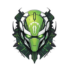 cyborg mascot vector logo, green robot face, cyberpunk for t-shirt