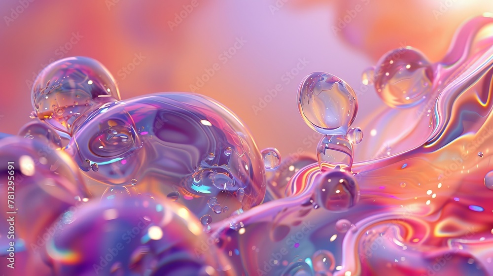 Poster a 3d art background of floating liquid blobs, soap bubbles, and metaballs.