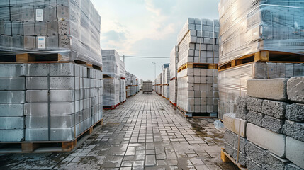 stacks of concrete blocks on pallets at a construction material wearhouse ready for sale concrete blocks are widely used in building construction site - Powered by Adobe