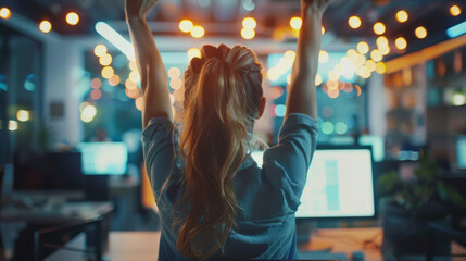 A joyful celebration in an office setting as the team achieves a significant business goal, with digital success metrics displayed in the background.