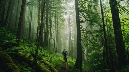 A person mountain biking through a dense forest. 