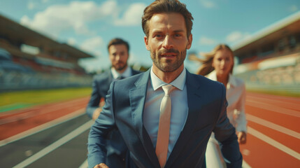 Visual metaphor of business professionals on a race track symbolizing the competitive nature of achieving success in business. - obrazy, fototapety, plakaty