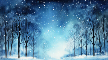 Snowy winter forest scene with night sky