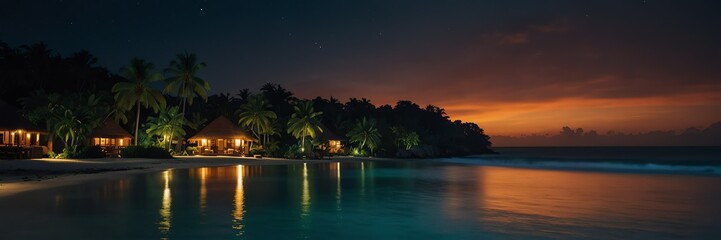 Fototapeta na wymiar tropical holidays in night beach resort island panoramic wide angle from Generative AI