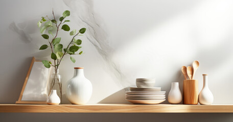 Fototapeta na wymiar Modern kitchen shelf with utensils and plant