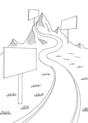 Mountain road billboard graphic black white landscape vertical sketch illustration vector 