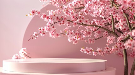 3D rendering of a natural beauty podium backdrop with spring sakura cherry blossom tree branch.