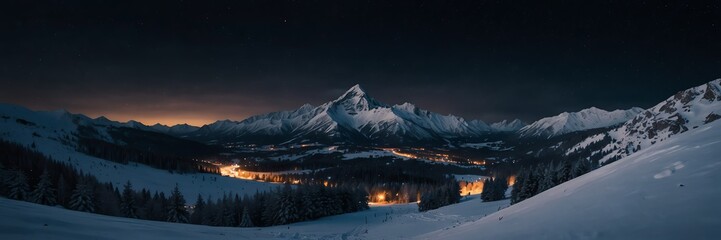 winter holidays in night snow mountain range panoramic wide angle from Generative AI - obrazy, fototapety, plakaty