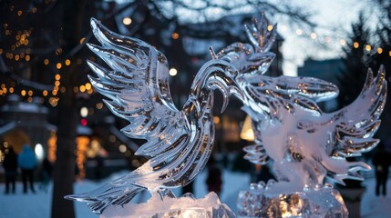 Experience the ephemeral beauty of ice sculptures at a winter festival, capturing the transient artistry and cold elegance.