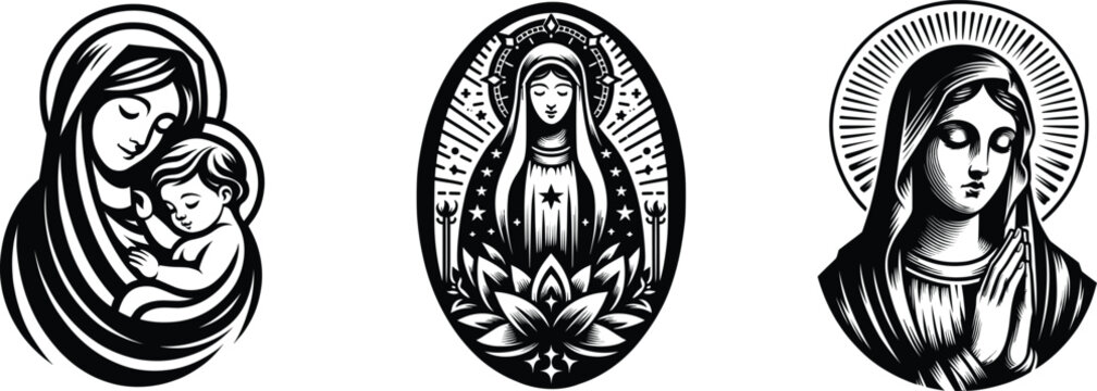 Set of virgin mary, Christianity symbol, vector illustration.
