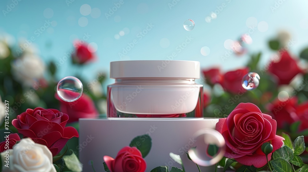 Poster an image of cosmetic cream jars with red roses and soap bubbles in a 3d rendering.