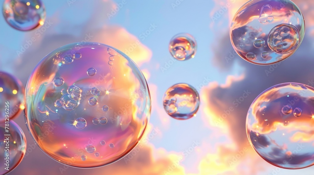 Poster a 3d abstract art piece with holographic soap bubbles floating on a sky background. liquid, liquid b