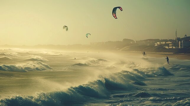 Kite surfing on a windy day, surfers catching air, the thrill of harnessing the elements