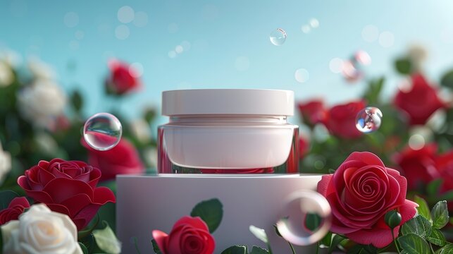 An image of cosmetic cream jars with red roses and soap bubbles in a 3D rendering.