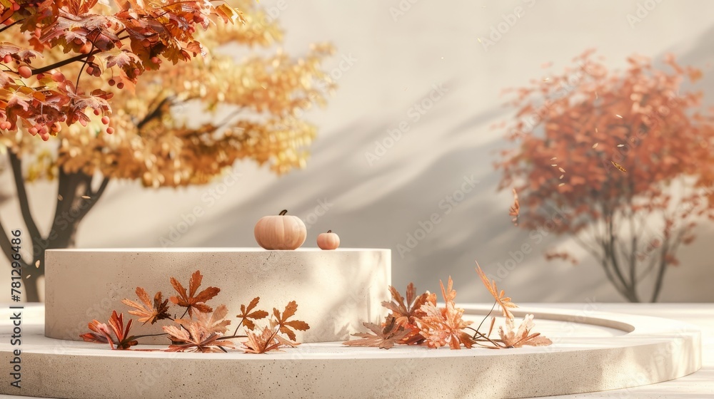 Poster Rendering of a product display podium in autumn.