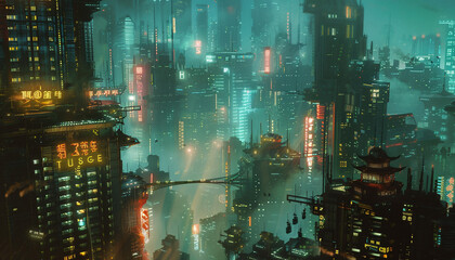 Futuristic cityscape with cyberpunk elements
