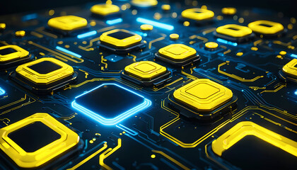 Technik Hintergrund Vorlage für technische Daten Analyse Überwachung Computer Chip Design Makro Prozessor Hardware Mikrochip Leiter Bauteile Platine hoch modern in blau gelb leuchtend fließende Ströme - obrazy, fototapety, plakaty