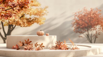 Rendering of a product display podium in autumn.