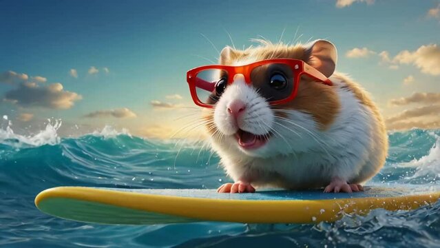 cute hamster rides on a surfboard