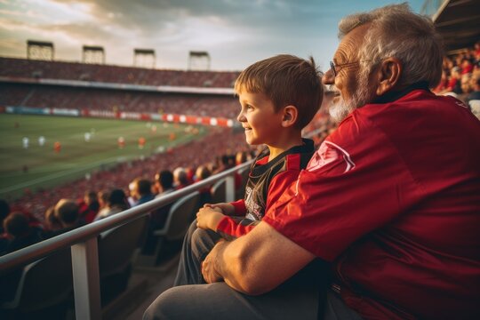 A grandfather and grandson are watching a sports match at a football stadium. Football fans - Powered by Adobe