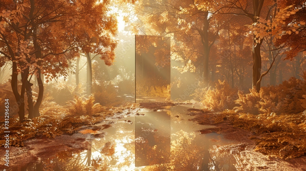 Poster mirror reflect autumn forest with abstract autumn scene. 3d rendering.