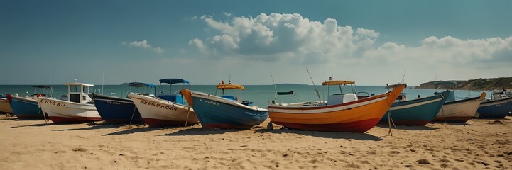 Naklejka na ściany i meble summer holidays in sunset beach fishing boats panoramic wide angle from Generative AI