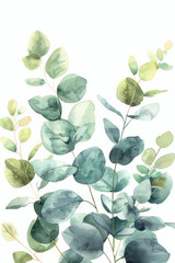 Ethereal watercolor painting capturing the essence of eucalyptus branches in soothing shades of green, evoking a sense of tranquility and refreshment.